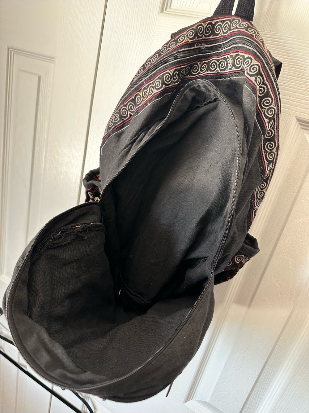 Woven 100% Cotton Backpack: Embroidered Boho Hippie Bag in Black - Picture 5 of 7